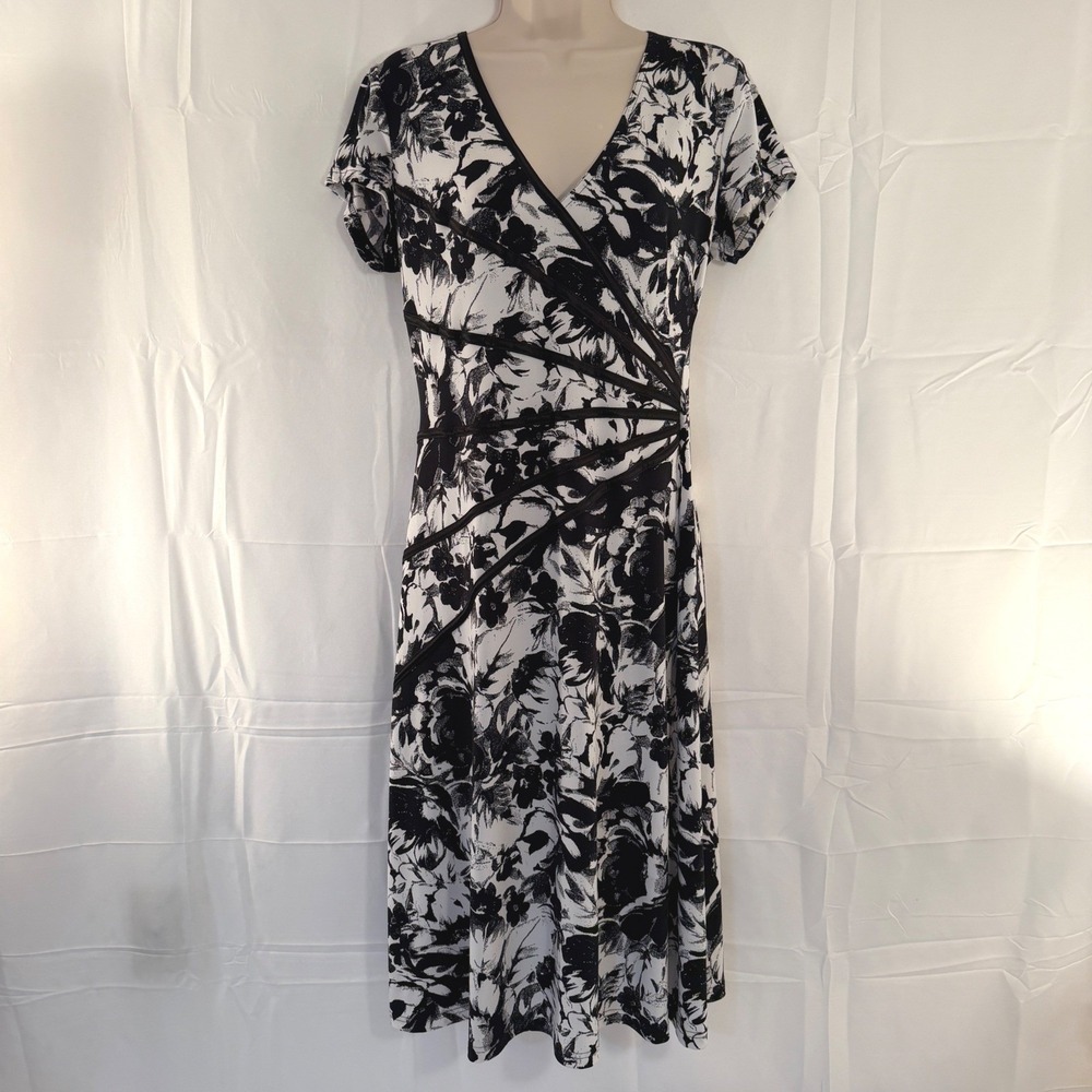 Connected Apparel Womens Floral Faux Wrap Dress Black White V-Neck Size 10